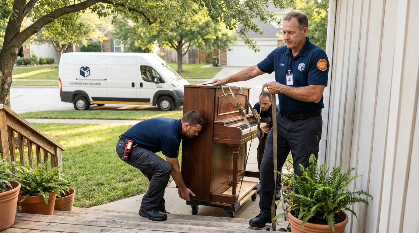 Licensed piano movers securing grand piano in Brookhaven, PA