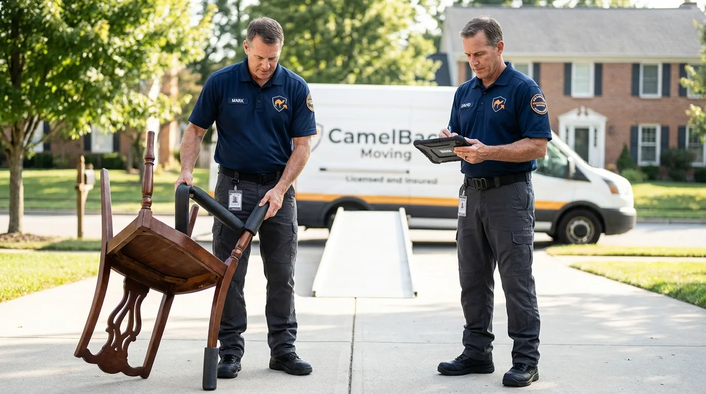 Movers inspecting furniture for damage prevention before loading in Brookhaven, PA