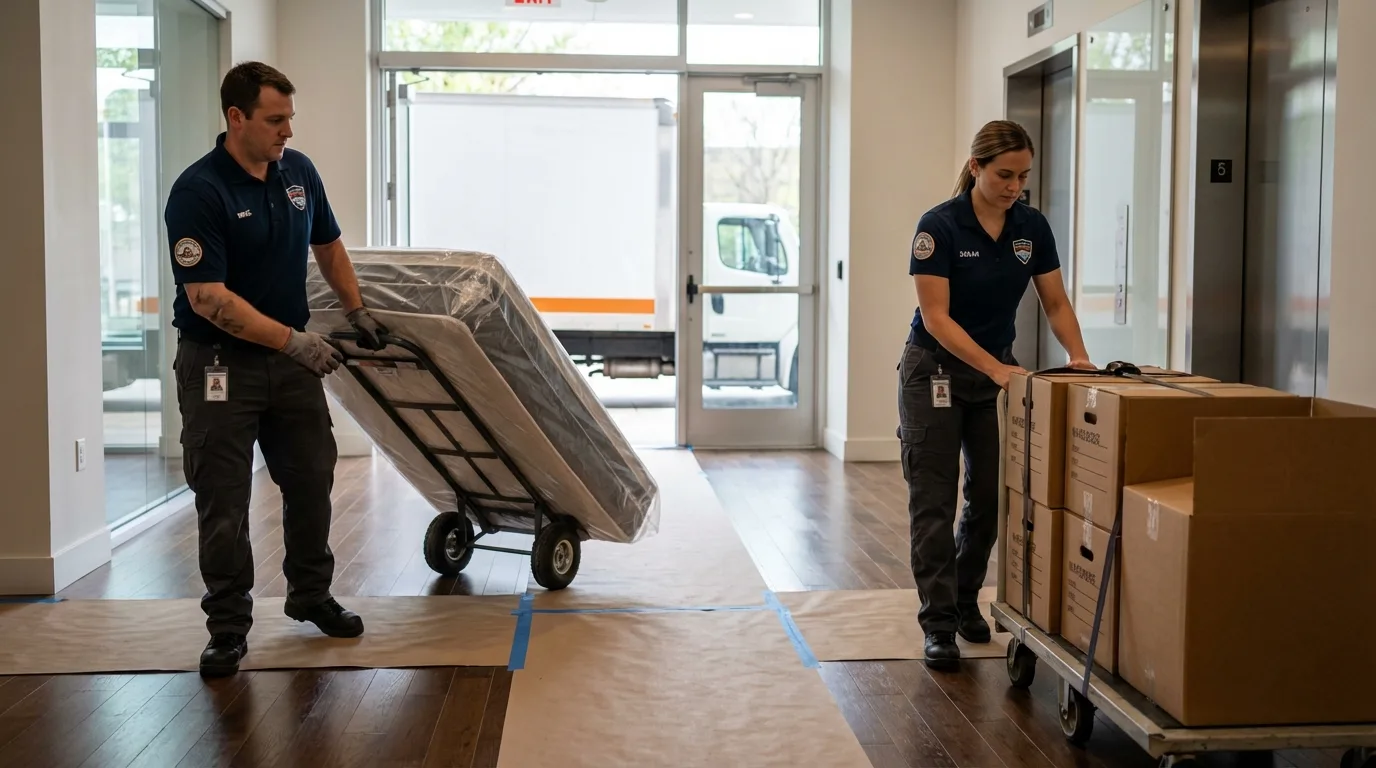 Professional apartment movers loading elevator in Brookhaven, PA