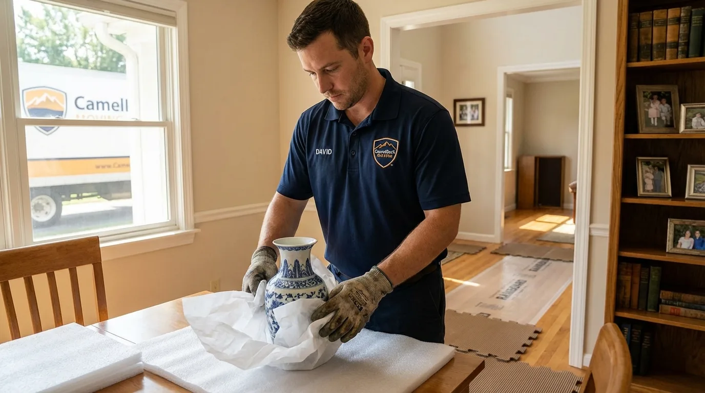 Professional crew carefully wrapping antique vase for senior downsizing move in Brookhaven, PA